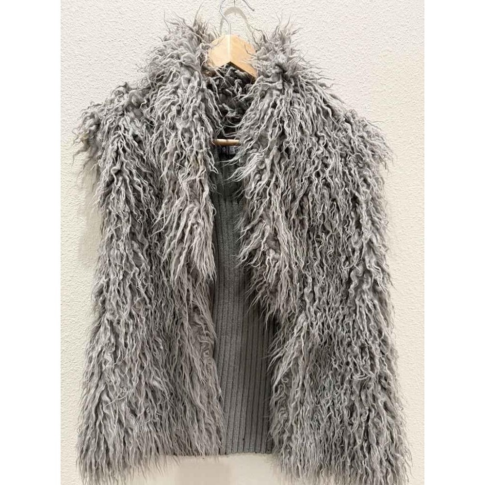 Jennifer Lopez Faux Fur Sweater Vest Gray Ribbed Knit Open Front Size S/M